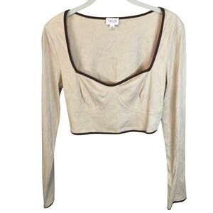 LE LIS Collection Women's Long Sleeve Brown Trim Crop Top Square Neck‎ Beige